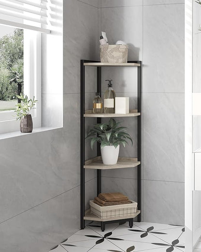 Corner Shelf Stand, Corner Bookshelf, Storage Standing Shelf Unit with Metal Frame, Plant Stand, Corner Bookcase for Living Room, Home Office, Bedroom, 4-Tier Greige CS05805B
