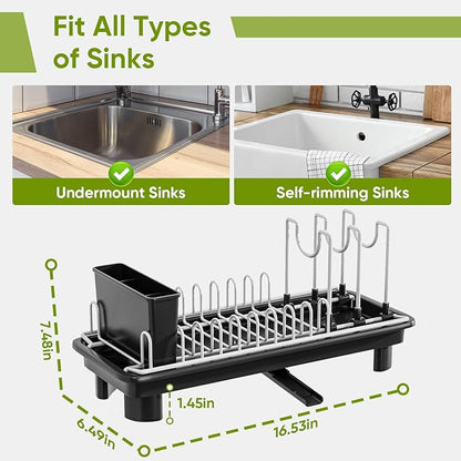VUSIGN Small Dish Drying Rack with Drain, Compact Dish Rack, Slim Dish Drainers for Kitchen Counter, Extendable Spout Strainers with Removable Utensil Holder, Space Saving, Black