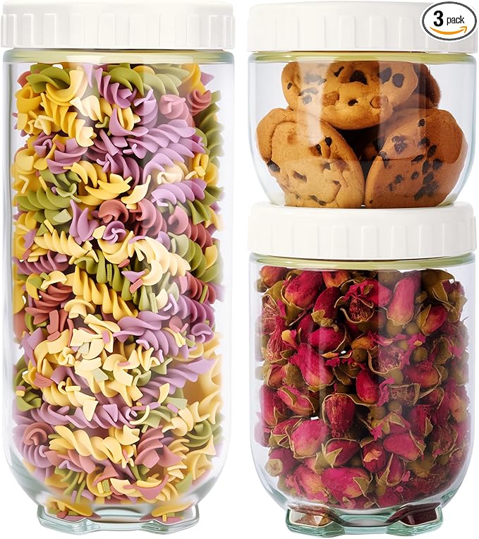 Hoa Kinh Glass Overnight Oats Jars with Lids, 3Pack Leak Proof Small Stackable Glass Jar Kitchen Canisters for Overnight Oats, Cereal, Clear Empty Jars with Lids for Kitchen