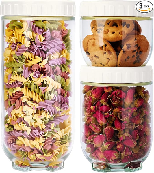 Hoa Kinh Glass Overnight Oats Jars with Lids, 3Pack Leak Proof Small Stackable Glass Jar Kitchen Canisters for Overnight Oats, Cereal, Clear Empty Jars with Lids for Kitchen