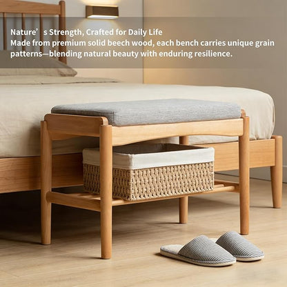 23.62" Solid Wood Entryway Shoe Rack Bench with Cushion, Mid-Century Modern Shoe Storage Bench for Hallway, No Assembly Shoe Organizer for Living Room, Bedroom, Mudroom,Front Door (Gray)