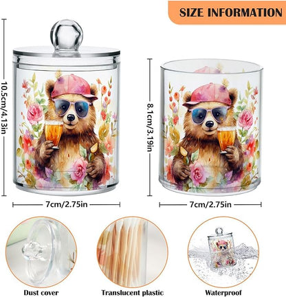 MNSRUU 2 Pack Qtip Holder Organizer Dispenser Animal Bears Pink Bathroom Storage Canister Cotton Ball Holder Bathroom Containers for Cotton Swabs/Pads/Floss