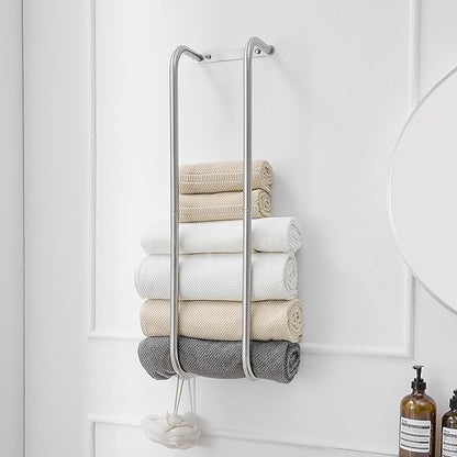 BWE Brushed Nickel Towel Racks for Bathroom, Stainless Steel Towel Holder for Rolled Towels, Wall Mounted Bathroom Towel Storage Holds Up 6 Large Bath Sheets, with 2 Hooks