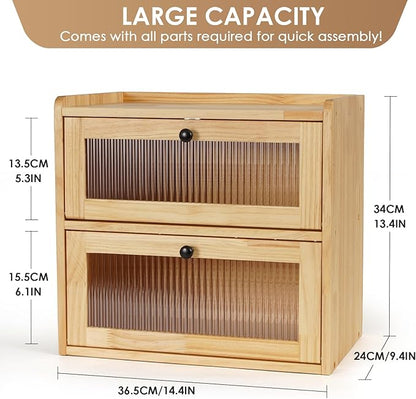 Sunhoo Bread Box for Kitchen Countertop Wooden Bread Storage Container Bin 2 Layer Breadbox Holder Large Capacity Keeper Vintage Farmhouse Food Organizer Pantry Shelf Acrylic Window（Wood color）