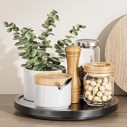 LAMU 10'' Wood Lazy Susan Organizer Turntable for Cabinet, Lazy Susan for Table Top, Pantry, Kitchen, Bathroom, Countertop, Rotating Spice Organizer, Vanity Decor Tray, Pine Wood, Black