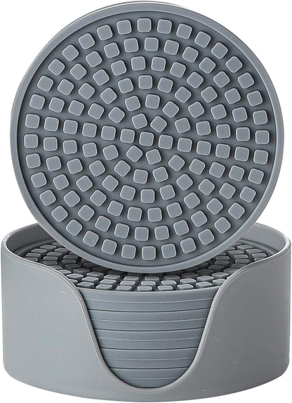 Colinda Silicone Drink Coasters with Holder, Set of 6, Outdoor Cup Mat for Hot or Cold Drinks, Thickened, Non-Slip,Non-Stick, Cool Grey