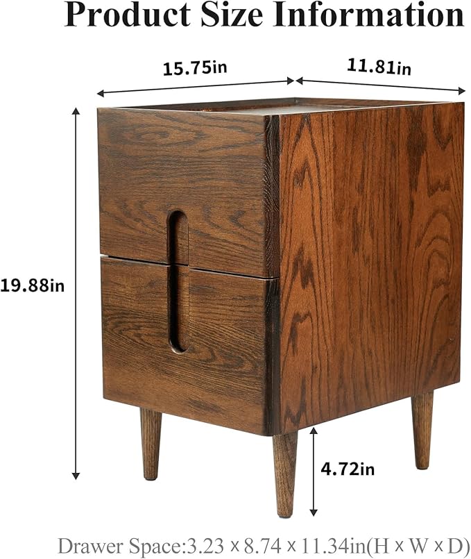 Cttasty Narrow Nightstand, Mid Century Modern Nightstand, Solid Wood Bedside Table, Side Table witn Drawers (Walnut, 11.81inches)