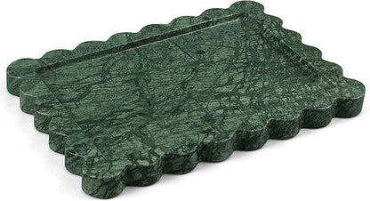 Real Natural Marble Tray, Luxury Scalloped Vanity Decorative Tray, Genuine Indian Green Stone Tray for Bathroom Dresser, Home Decor, Kitchen Storage, Non-Resin/Ceramic, 10.6" x 8", Green