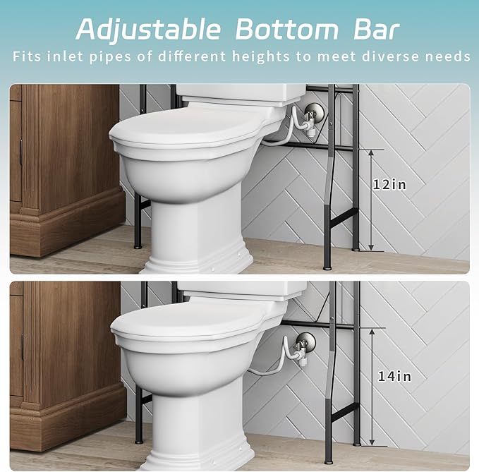 HEVONTIXAL Adjustable Over The Toilet Storage Shelf,3-Tier Metal Over Toilet Organizer with Toilet Paper Holder & Hooks,Space-Saving Option for Small Bathrooms, Black,(22 in- 27 in Wide)