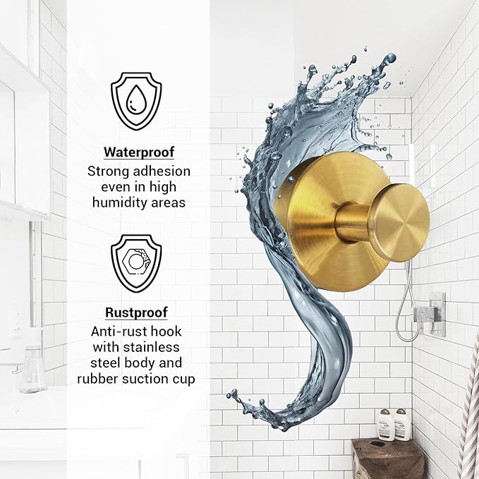 Welsa Suction Cup Hooks for Shower - 2 Pack, Gold - Stainless Steel, Strong Suction, No Drill, Removable Hanger, Tile Bathroom Kitchen Wall, Glass Door, Mirror Hook Hanging Robe, Towel Holder