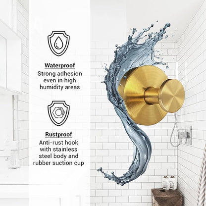Welsa Suction Cup Hooks for Shower - 2 Pack, Gold - Stainless Steel, Strong Suction, No Drill, Removable Hanger, Tile Bathroom Kitchen Wall, Glass Door, Mirror Hook Hanging Robe, Towel Holder