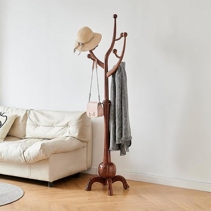 Wood Freestanding Coat Rack with 8 Hooks Wooden Hat Coat Tree Standing Clothes Hanger with Sturdy Sphere Base and Tree Branch Hooks 160lb Load Capacity for Entryway Hallway Bedroom, Walnut