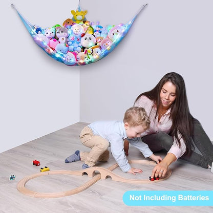Unicorn Castle Stuffed Animals Net or Hammock Kids Toy Storage Organizer with LED Light Hanging Corner Stuffed Animals Holder Kids Girls Room Decor,Blue,Large (Pack of 1)