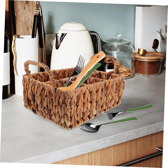 Rustic Woven Straw Storage Basket Lid Storage Basket for Cutlery Desktop Sundries Holder