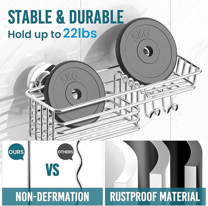 TAILI Shower Caddy Suction Cup 2 Pack with Hooks and Soap Holder, Heavy Duty Shower Organizer for Bathroom, No Drilling Silver bathroom suction shelves