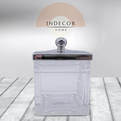 Indecor Home Apothecary Glass Cotton Jar Holder Silver Stainless Steel Lid, Elegant Bathroom Storage Canister for Qtips, Cotton Balls, Floss, Makeup Organizer, Vanity Bathroom Organization