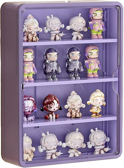 HGYZE Clear Display Case for Figures, 15.75" High, Wall Mounted Shelf with Magnetic Door, Hanging Display Case for Collectibles Action Doll Blindboxes Storage (Purple, 4-Layer 1 Pack)