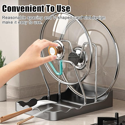 Kitchen Pot Lid Storage Rack, Pot and Pan Organizer with Removable Drip Tray, Two-Compartment Spatula Holder Pot Lid Holder for Counter Stove Top Kitchen
