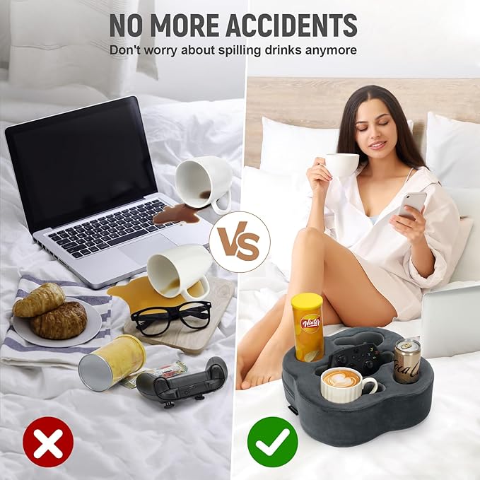 Couch Cup Holder | Sofa Cup Holder Pillow Drink Tray Organizer for Drinks, Remotes, Phones, Snacks (Grey, 12 * 12 * 3.7 Inch)