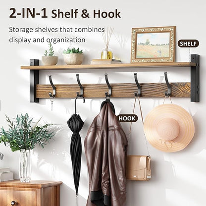 Coat Rack Wall Mount with Shelf, 29 Inch Coat Hanger Walls Mounted, Hat Rack for Walls, Shelf with 5 Coat Hooks, Wall Hanger for Entryway (Brown)