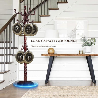 Wood Coat Rack Freestanding, Natural Coats Tree Stand with 14 Hooks, 73" Sturdy and Easy Assembly Coat Rack Stand for Entryway, Hallway, Bedroom, Bags, Hats (Heavy-duty Disc Base, Rosewood)