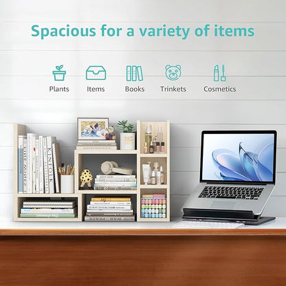 Desk Shelves Desktop Orgnizer Shlef - Natural Wood Tone Office Organization for Top of Desk Organizers and Accessories Corner Bookshelf Table Top Shelving Small Hutch Decorations for Office