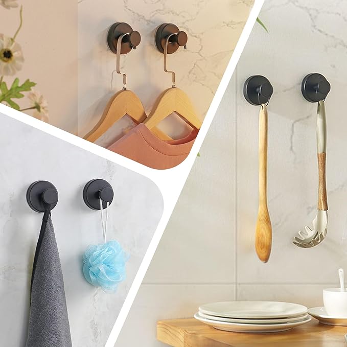 Season 2 Season Suction Cup Hooks for Shower, 4 Pcs Shower Hook for Bathroom Stainless Steel Wall Hook for Hanging up to 6.5 lbs for Kitchen, Glass, Mirror,Black