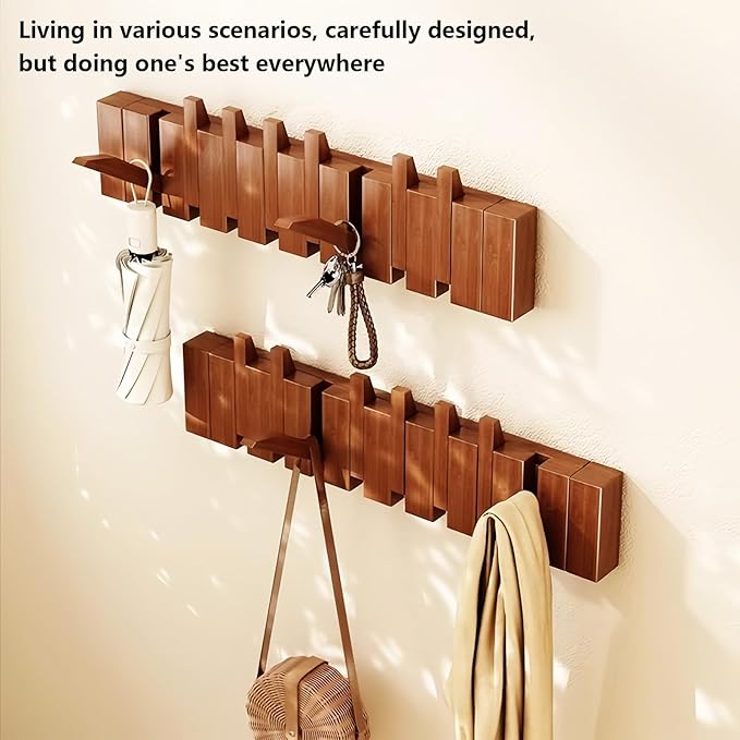 Wall Mounted Coat RackHooks Piano Key Hangers Natural Solid Wood Hanger Non-Woven Fabric Clothes Hangers for Closet, Kitchen, Bedroom, Bathroom, Entryway (Led Walnut, 4 Hooks)