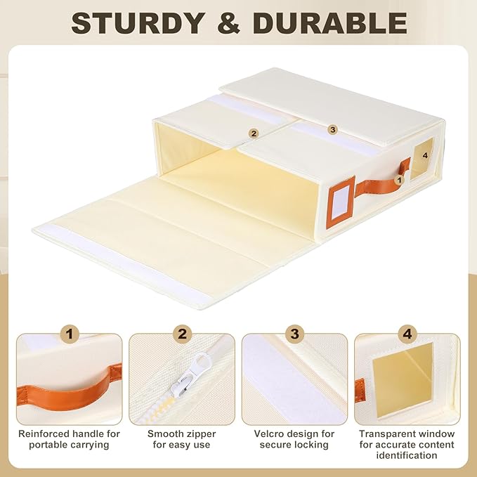 uxcell 4 Pack Bed Sheet Organizers and Storage with PU Handle, Foldable Bedding Duvet Cover Set Organizer Storage Closet and Under Bed Storage Containers, Beige