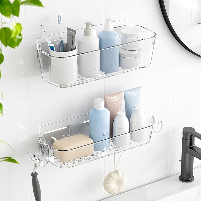 TZAMLI Clear Shower Caddy, Adhesive Shower Organizer Rustproof Shelf with Razor Holder and Hook, Wall Mounted Shelves Rack for Bathroom Kitchen Storage, 2 Pack