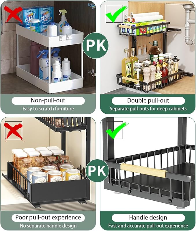 2 Pack 2 Tiers Pull Out Under Sink Organizers, Metal Kitchen Storage Shelf, Pull Out Under Sink Storage Rack, Multi-purpose Under Sink Shelf Organizer for Under Sink Cabinet Bathroom Kitchen (Black)