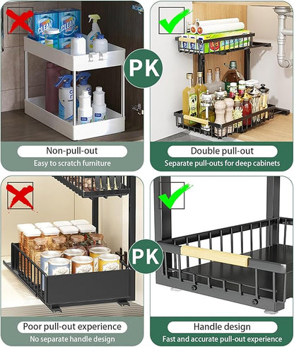 2 Pack 2 Tiers Pull Out Under Sink Organizers, Metal Kitchen Storage Shelf, Pull Out Under Sink Storage Rack, Multi-purpose Under Sink Shelf Organizer for Under Sink Cabinet Bathroom Kitchen (Black)