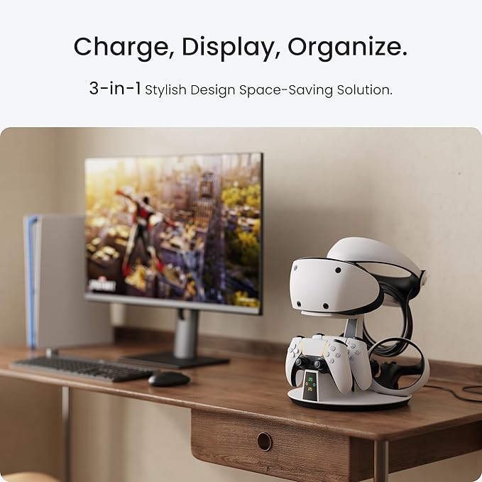 KIWI design D2 3-in-1 Controller Charging Station for PSVR2 and PS5 with VR Display Stand and LED-Charging Indicator