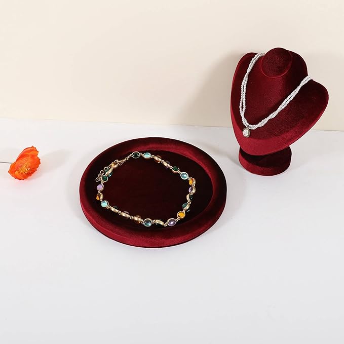 GemeShou Round Jewelry Organizer Plate, Top Microfiber Velvet Jewelry Display Tray, Empty Jewelry Showcase Tray for Necklaces, Bracelets, Rings, Earrings (Red-Large, 9.8 x 9.8 in)