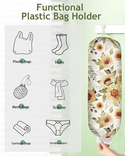 Plastic Bag Holder Organizer - 1 Pack Reusable Canvas Grocery Bags Holder Hanging Wall Cute Aesthetic Shopping Bag Storage Dispenser with Drawstring Closure for Kitchen Home, Sunflower