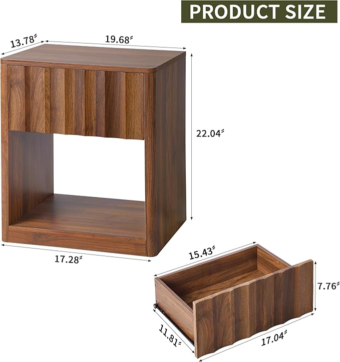 Bifins Fluted Dresser, Small Nightstands Set of 2, Walnut Bedside Table with Drawer and Storage, Mid Century Modern Side Table for Bedroom Sofa