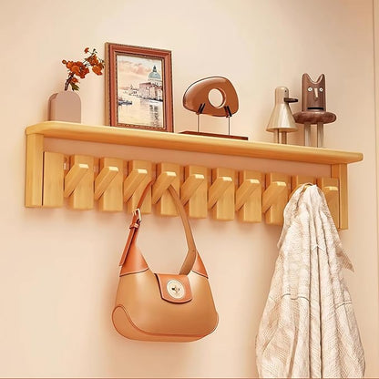 Wall Mounted Coat RackHooks Piano Key Hangers Natural Solid Wood Hanger Non-Woven Fabric Clothes Hangers for Closet, Kitchen, Bedroom, Bathroom, Entryway (Tray-Beech, 10 Hooks)