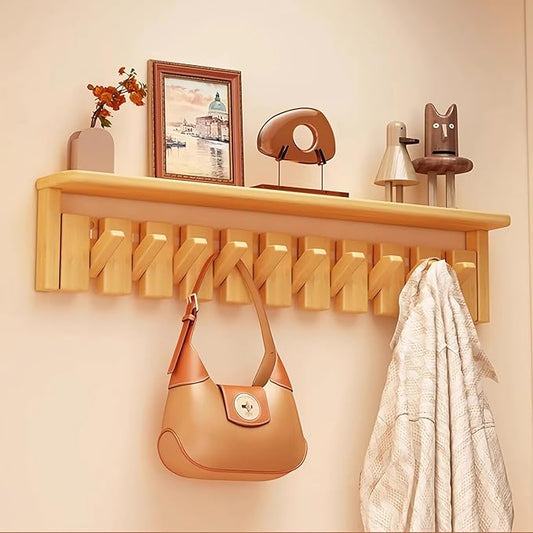 Wall Mounted Coat RackHooks Piano Key Hangers Natural Solid Wood Hanger Non-Woven Fabric Clothes Hangers for Closet, Kitchen, Bedroom, Bathroom, Entryway (Tray-Beech, 10 Hooks)