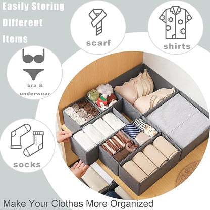 Mooisco 12 Pack Drawer Organizer Clothes, Fabric Closet Organizers and Storage, Foldable Cloth Storage Bins for Underwear Socks, Bra, Ties, Scarf, Belt, Hair Accessories, Grey