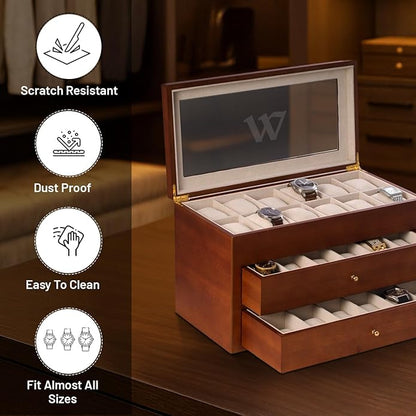 Bey-Berk Custom Personalized Watch Box Organizer - 36 Slot Luxury Solid Wood Designer Display, Large Watch Slots