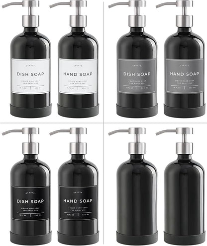 Hand and Dish Soap Dispenser for Kitchen and Bathroom, Set of 2 16 Oz Glass Bottles, Stainless Steel Pumps, Non-Slip Silicone Base, 27 Waterproof Labels (Gloss Black Bottle/Brushed Silver Pump)