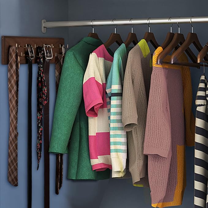 Creproly Belt Organizer - Wall Mounted Hanger for Closet, Holds Over 28 Belts - Wooden Rack with Tie and Scarf Storage (Brown)