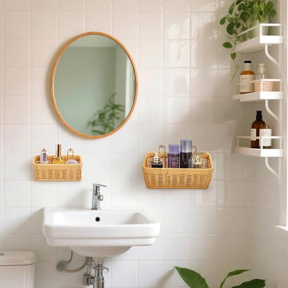 ZEAYEA Set of 2 Cute Small Wall Hanging Basket, Hand-Woven Hanging Organizer Basket for Onion Garlic, Boho Plastic Fruit Storage Baskets with Hanger for Kitchen Bathroom Laundry Living Room Home Decor