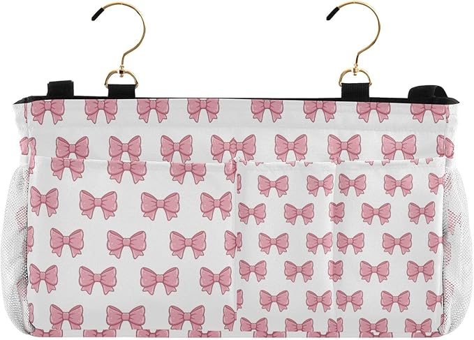 Jihqo Bedside Caddy Hanging Storage Bag Pink Bows Bedside Organizer Caddy for Bunk, Dorm Room, Hospital Beds - Place Magazines / Remotes / Keys