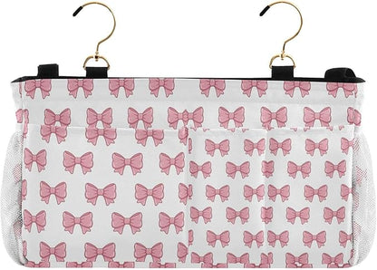 Jihqo Bedside Caddy Hanging Storage Bag Pink Bows Bedside Organizer Caddy for Bunk, Dorm Room, Hospital Beds - Place Magazines / Remotes / Keys