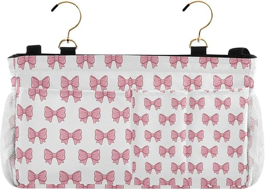 Jihqo Bedside Caddy Hanging Storage Bag Pink Bows Bedside Organizer Caddy for Bunk, Dorm Room, Hospital Beds - Place Magazines / Remotes / Keys