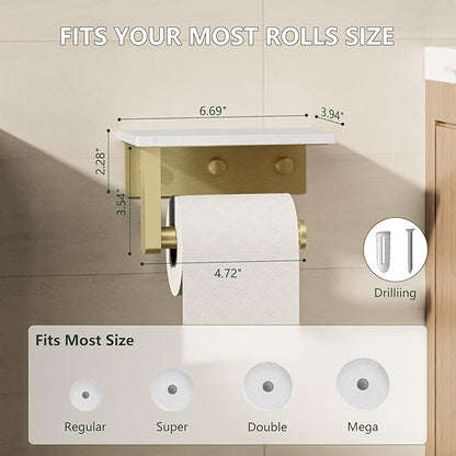Marble Toilet Paper Holder with Shelf, Evolvegoods Brushed Gold Bathroom Toilet Paper Holder Wall Mount, 304 Stainless Steel Modern Toilet Paper Roll Holder Storage Tissue Holder