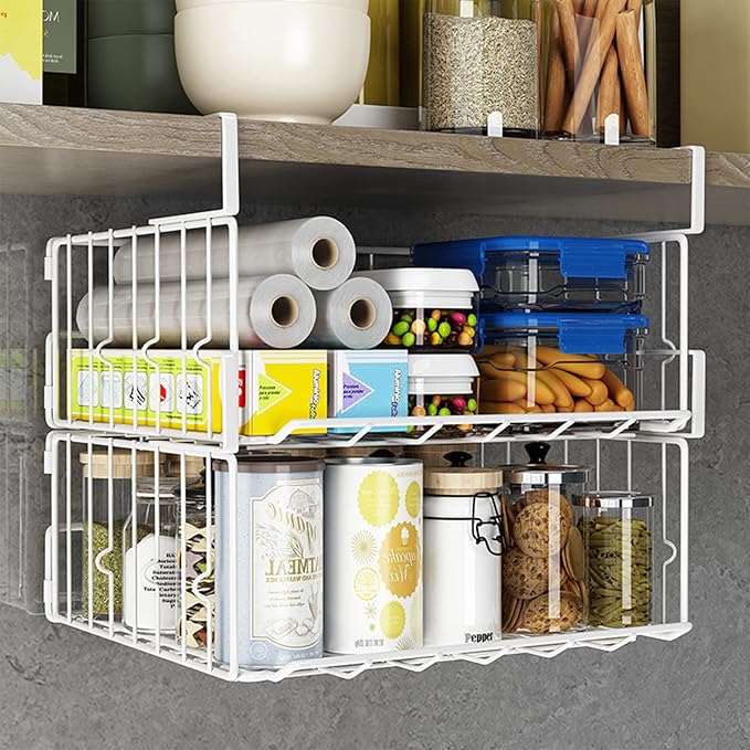 Under Shelf Basket Storage 2Pack, Steel Under Shelf Hanging Wire Baskets Shelves for Laundry Room Kitchen Desk Pantry Bookshelf, White