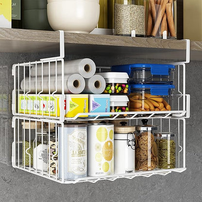 Under Shelf Basket Storage 2Pack, Steel Under Shelf Hanging Wire Baskets Shelves for Laundry Room Kitchen Desk Pantry Bookshelf, White