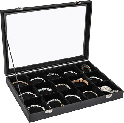 Polmart 15-Grid Jewelry Organizer/Storage/Display Case with Acrylic Lid, Black Velvet
